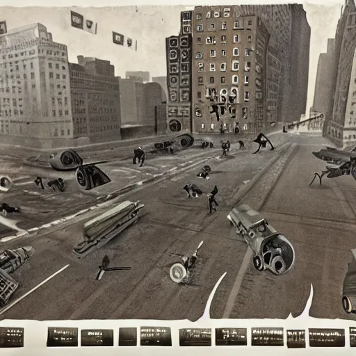 Image similar to Epic shootout between Soviet and American troops on the streets of New York, powerful explosions, Super colorful style, super detail of each object,