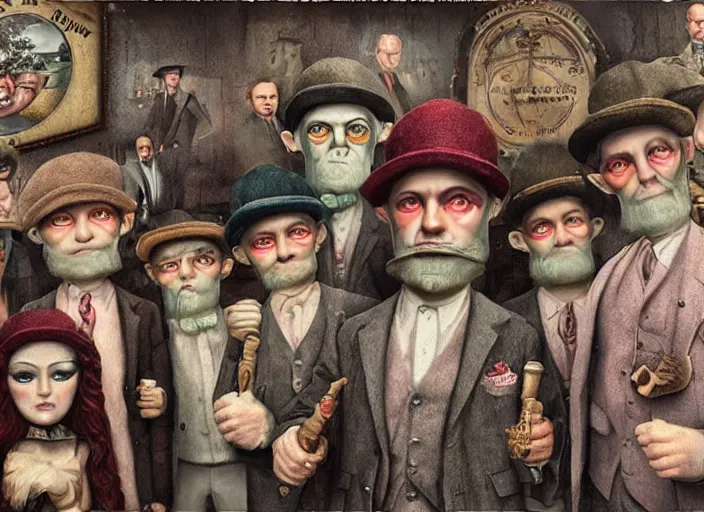 Image similar to picky blinders crew but they're all shrimps, lowbrow, matte painting, 3 - d highly detailed, in the style of mark ryden,