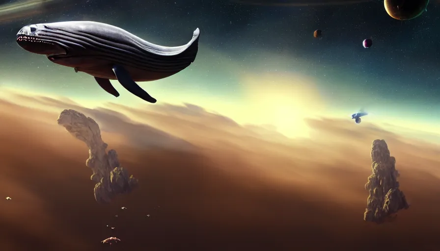 Prompt: highly detailed cinematic scifi render of flying whale over the tuscany skies, cypresses and hills, stars and planets, hyper detailed, digital art, cinematic lighting, studio quality, smooth render, unreal engine 5 rendered, octane rendered, art style by klimt and nixeu and ian sprigger and wlop and krenz cushart, artstation unreal.