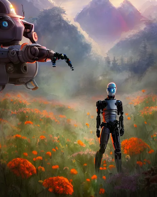 Image similar to friendly carrot cyborg, robocop, scifi farm, morning light, aura of carrots, weather station, flowers, cinematic, mountains, epic design, atmosphere, welcoming smile, high quality, perfect, 8 k high detail, masterpiece, trending on artstation, by akihiko yoshida, marco plouffe