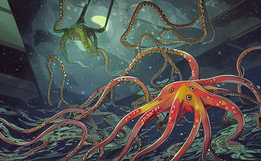 Image similar to a realistic cell - shaded studio ghibli concept art from paprika ( 2 0 0 6 ) of a flying multi - colored octopus from close encounters of the third kind ( 1 9 7 7 ) swimming through a dimensional portal to another world in a flooded forest valley on a misty starry night. very dull colors, wide shot, hd, 4 k, hq