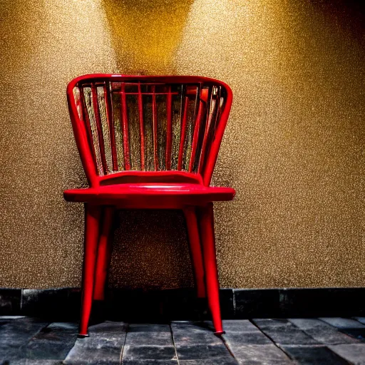 Image similar to a red chair, surrounded by sinister gold tools, at the end of a black stone hallway