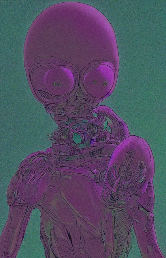 Image similar to Iridescent humanoid alien seen through a microscope, vintage sci-fi soft grainy in the style of moebius