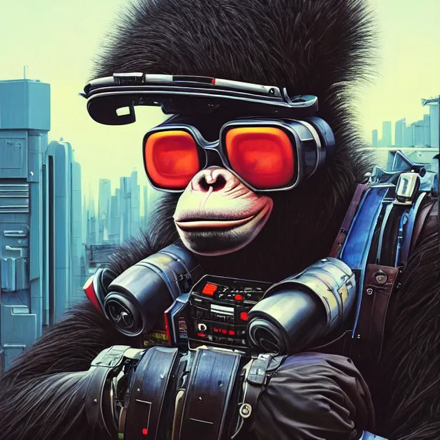 Image similar to a portrait of an anthropomorphic cyberpunk chimp in a crash helmet by sandra chevrier, detailed render, tape deck, boombox, epic composition, cybernetics, 4 k realistic, cryengine, realistic shaded lighting, sharp focus, masterpiece, by matteo scalera, gary montalbano, peter elson in the style of the tokyo ghost comic