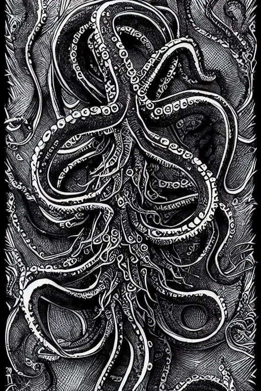 Image similar to black ink on paper, alien octopus, trending on artstation, beautiful, intricate, detailed