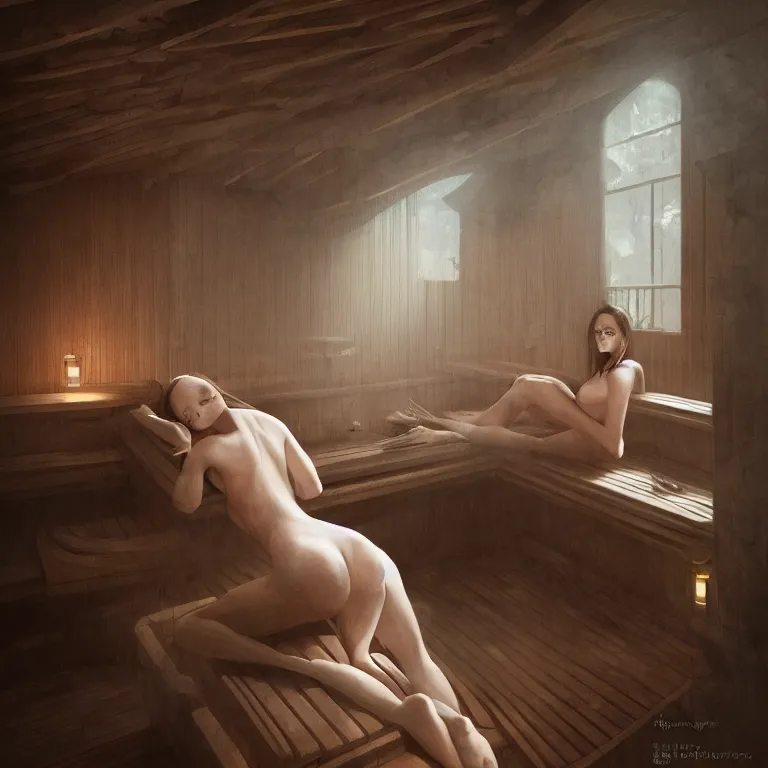 Image similar to woman relaxing in sauna, 3 d render, dark art, highly detailed, intricate, artgerm, greg rutkowski
