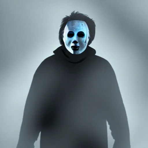 Prompt: close up of michael myers face emerging from dense fog, digital art