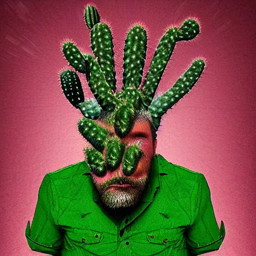 Image similar to cactus grown on man's face instead of beards, digital art, award winning