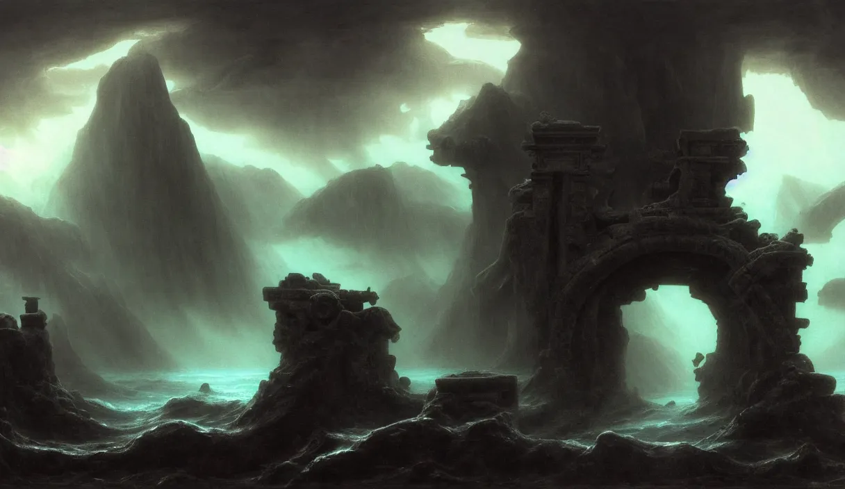 Image similar to low ultrawide shot, dark, underwater statues, submerged pre - incan temple with carvings, abyss, stylized, anime style mixed with fujifilm, detailed gouache paintings, crepuscular rays, dark, murky, foggy, atmospheric, nicola samori, takayuki takeya, albert bierstadt, frederic edwin church, beksinski, wayne barlowe