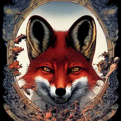 Image similar to portrait of crazy mister fox, symmetrical, by yoichi hatakenaka, masamune shirow, josan gonzales and dan mumford, ayami kojima, takato yamamoto, barclay shaw, karol bak, yukito kishiro