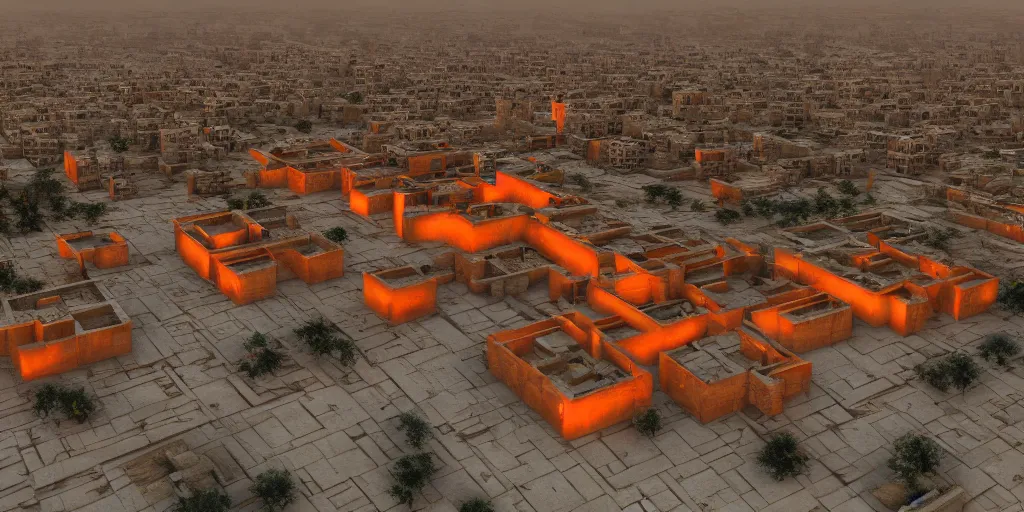 Prompt: brutalist egypt pyramids with red and orange glow, by Le Corbusier, abandoned temples, empty streetscapes, surrounded by lush green vegetation, ground-level view, puddles of water, stunning volumetric lighting, sunset, trending on Artstation, 8k, photorealistic, hyper detailed, unreal engine 5, cinematic, epic lighting, cryengine, octane render, cyberpunk,, dark, gloomy