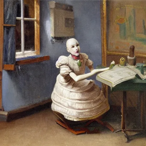 Prompt: android poete maudite, starving robot artist in a parisian garret, nineteenth - century domestic realism, oil on canvas