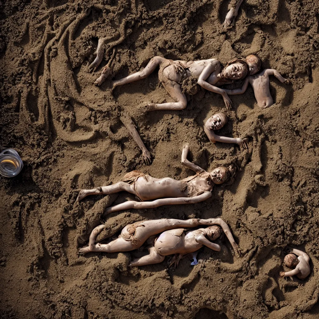 Image similar to overhead view a woman's corpse and a baby buried under sand, mud and rusty pipes, faded, depth of field,, ultra realistic, very detailed, by nadav kander, 8 k hyper realistic detailed cinematic still