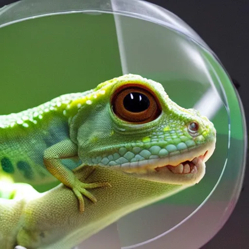 Image similar to mark zuckerberg / gecko sitting inside a terrarium