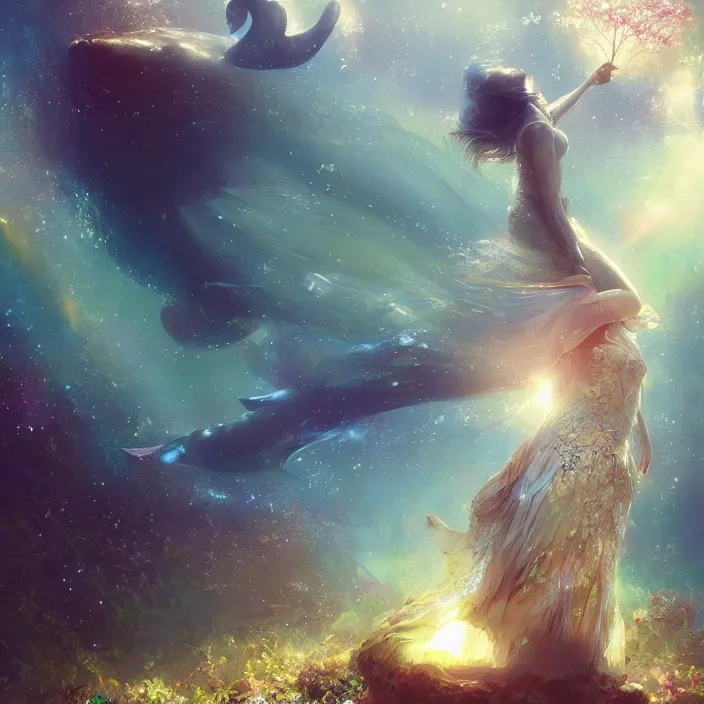 Prompt: glimmering whale, flowing dress, flowers, cosmos, milky way galaxy, golden hour, god rays, coral reef, dreamscape by artgerm and ruan jia and ismail inceoglu and greg olsen, masterpiece, beautiful, intricate, elegant, highly detailed