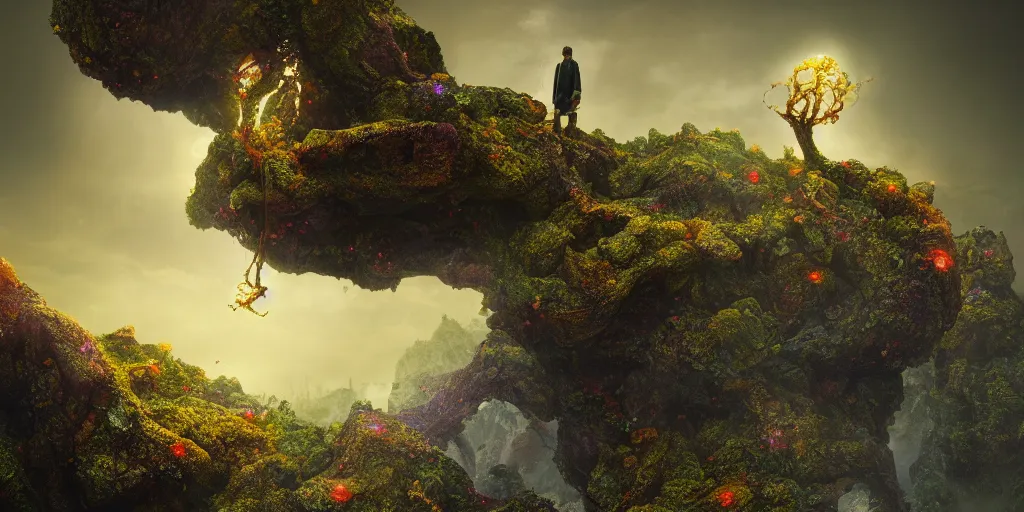 Prompt: Photorealistic intricate detailed levitating man made from colorful fungus tendrils. a gentle rising mist, an epic rocky landscape. occult photorealism, UHD, amazing depth, glowing, golden ratio, 3D octane cycle unreal engine 5, volumetric lighting, cinematic lighting, cgstation artstation concept art