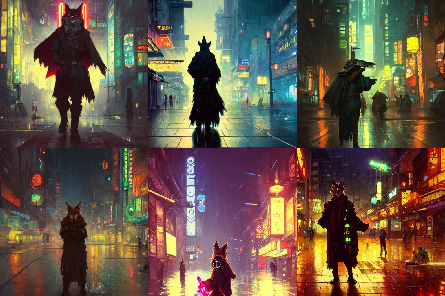 Prompt: anthropomorphic coyote wearing Jedi robes in a cyberpunk city at night while it rains. Neon light. Renowned character illustration by greg rutkowski, thomas kindkade, alphonse mucha, loish, norman rockwell. Trending on Artstation.