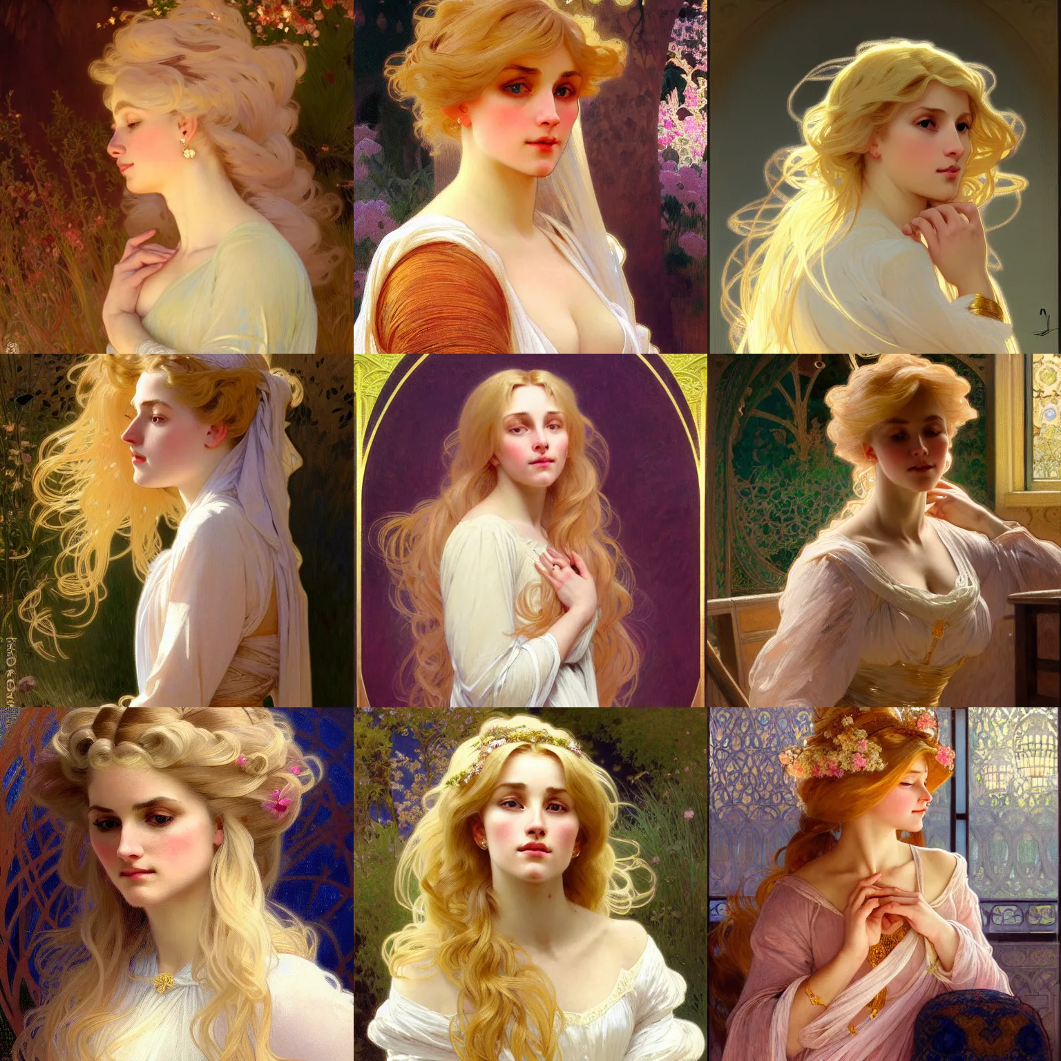 Prompt: painted portrait of a * modest * wife blessed by god with ever - increasing intelligence beauty and virtue. blonde, * modest holy body *, light effect. feminine, powerful, in clothes! intricate, elegant, highly detailed, digital painting, artstation, concept art, smooth, sharp focus, illustration, art by gaston bussiere and alphonse mucha