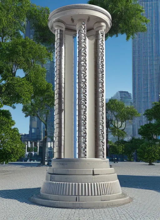 Image similar to highly detailed realistic architecture 3 d render of a futurisctic stele made from coin stacks standing in a city park, archdaily, made in unreal engine 4 octane render