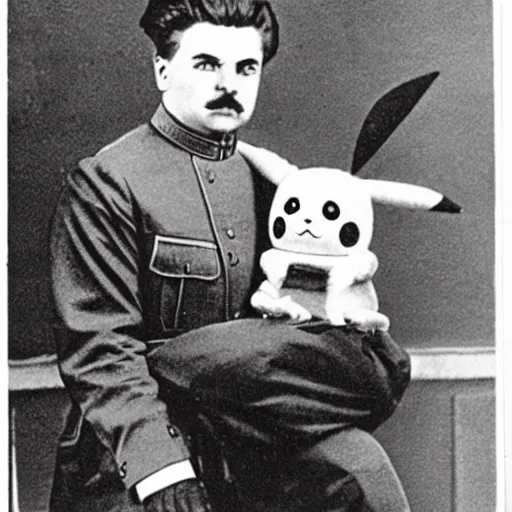 Prompt: a photograph of pikachu sitting on the shoulder of Joseph Stalin