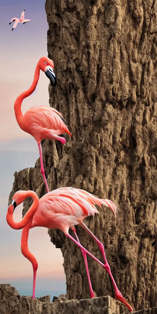 Image similar to a flamingo with 8 legs climbing a tree between the ruins of atlantis 4 k