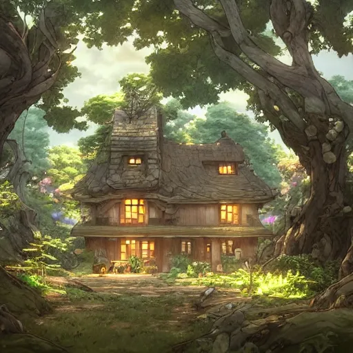 Image similar to beautiful house on a forest path, beautiful ancient trees, hiding large treasure chest, serene evening atmosphere, soft lens, soft light, cel - shading, animation, in the style of cgsociety, deviantart, artstation, zbrush, cinema 4 d, studio ghibli, akihiko yoshida, atelier lulua, masamune shirow, mcbess