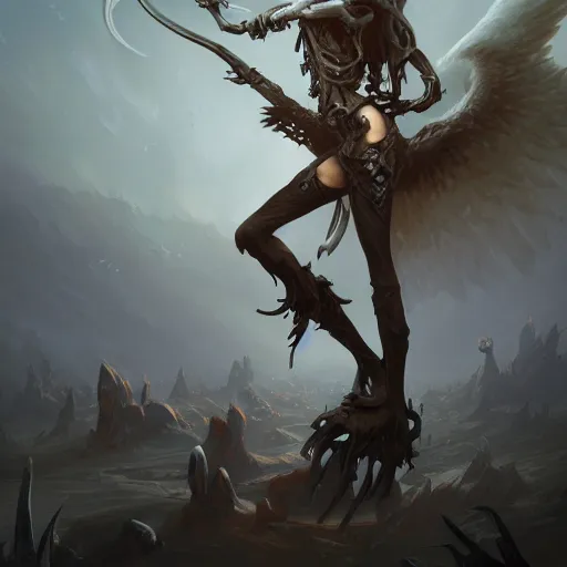 Image similar to beautiful angel of death stands in a field of bones, highly detailed matte fantasy painting, cinematic lighting, DeviantArt Artstation, by Peter Mohrbacher,