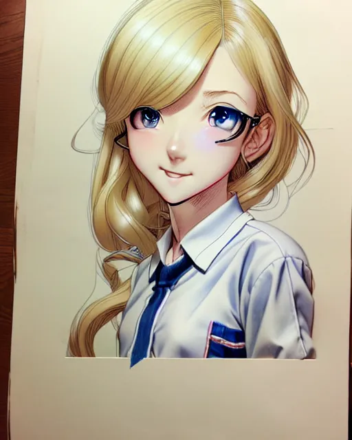 Prompt: depicting a young mischievous female prep school student with medium length bright blonde hair and pale skin, in an old study room, complex artistic color ink pen sketch illustration, subtle detailing, artwork by Artgerm and Range Murata.