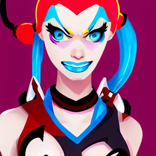 Image similar to digital illustration of Jinx from Arcane dressed like Harley Quinn, League of Legends, deviantArt, artstation, artstation hq, hd, 4k resolution