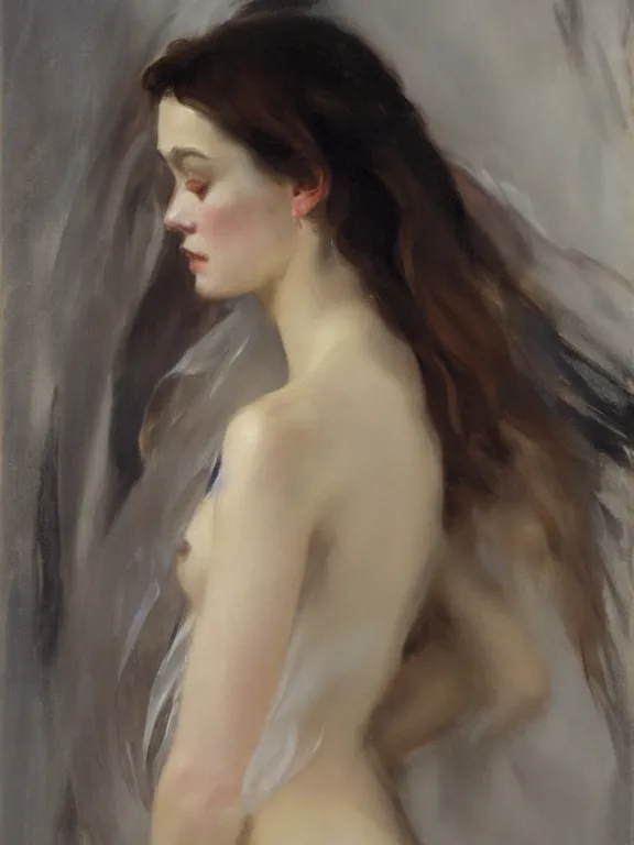Prompt: loose portrait of a sad fragile beautiful girl covered in translucent flowing dress, wet drapery, greek, alla prima, oil painting, by sargent and john larriva