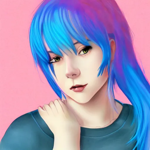 Prompt: girl with blue hair, lesbian cottagecore, pink gradient background, detailed digital art, trending on artstation