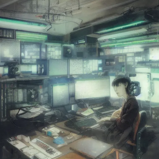 Prompt: portrait of lain iwakura, background room full of cables and computers by yoshitoshi abe, ruan jia and joao ruas, atmospheric, green and blue tones