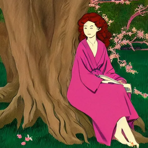 Prompt: beautiful ittle girl with long curly red hair dressed in a pink kimono and sitting next to a tree while reading a book, artwork made in western comic art style, inspired in balthus, anatomically correct, higher details