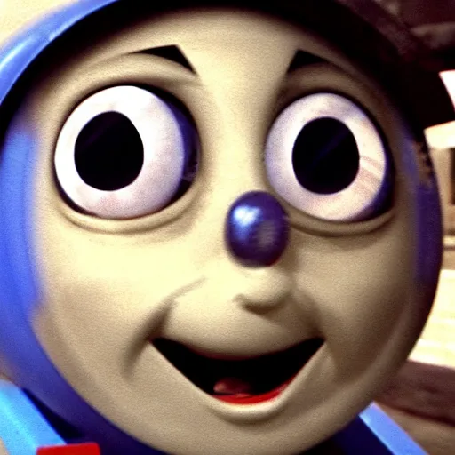 Image similar to creepy found footage of Thomas the tank engine with a pleading face blush super close up zoom fish eye staring into your soul terrifying backrooms horror