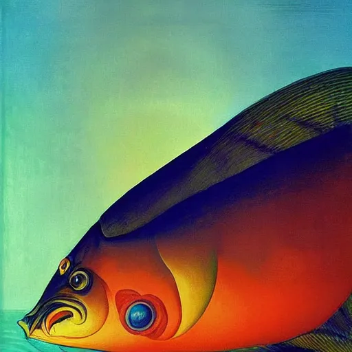 Prompt: symetrical reflective hyperrealistic space rectangle carp estuary poltergeist papaya , by Edward Hopper and Georgia O'Keeffe and Peter Gric , Marvel Comics , seapunk , movie poster