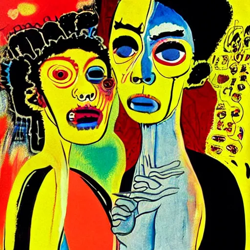 Image similar to beautiful painting of two bizarre psychedelic women kissing each other closeup in tokyo in summertime, speculative evolution, mixed media collage by basquiat and junji ito, magazine collage art, paper collage art, sapphic art, lesbian art