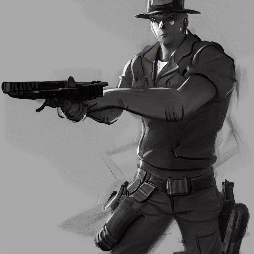 Prompt: a drawing of a man with a gun in his hand, concept art by senior character artist, featured on polycount, cobra, concept art, official art, 2d game art