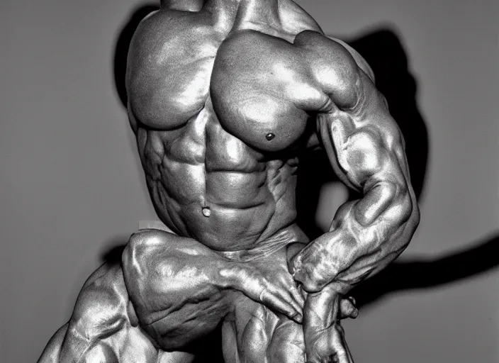 Prompt: a jeff koonz sculpture of a bodybuilder, closeup photo. shot by platon using a leica with flash, kodak gold 3 5 mm film