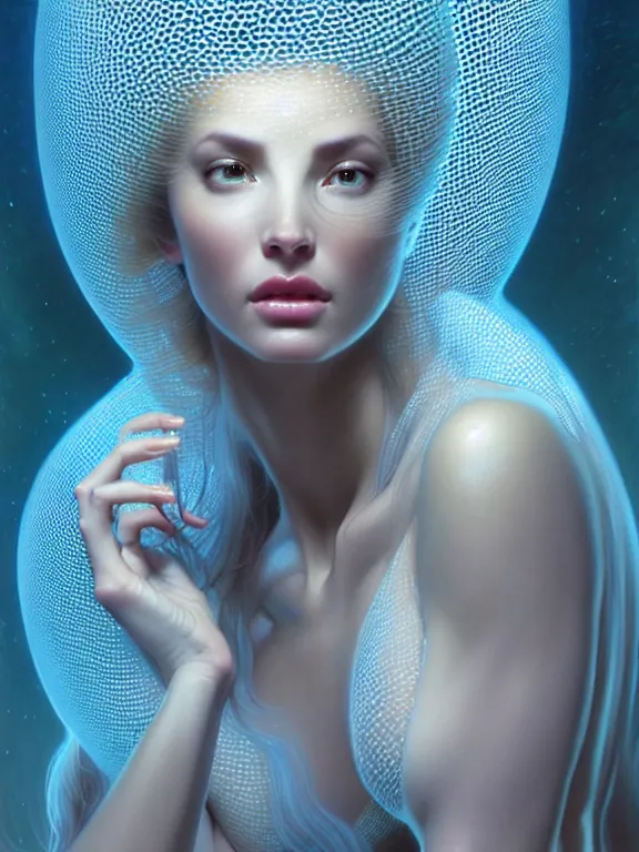Prompt: portrait of a beautiful woman in midst of transparent clear see - through honeycombs. spaceship environment, dramatic lighting, ultra realistic, highly detailed, concept art, photorealistic, octane render, 8 k, unreal engine. art by gustave dore, art by boris vallejo, art by julie bell, art by christopher marley, art by artgerm, art by alphonse mucha