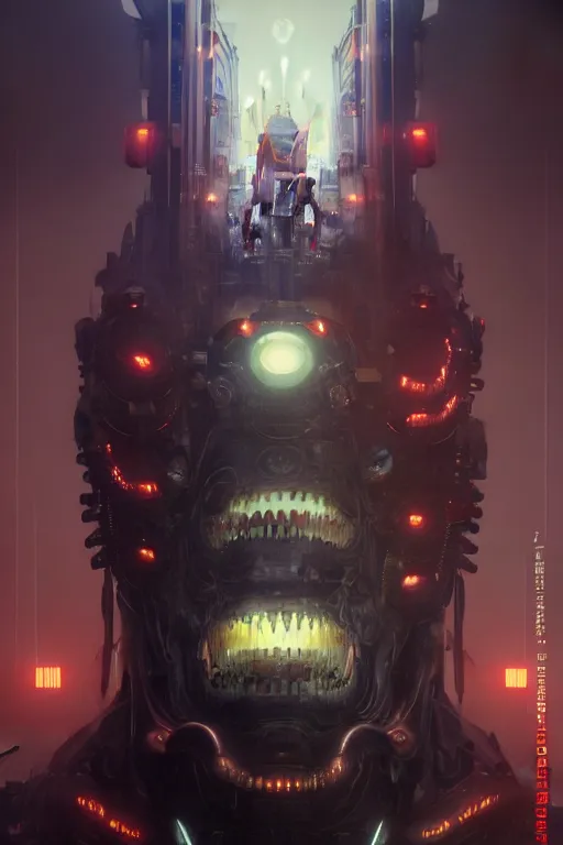 Image similar to dreamland of chinese, ghost, sharp, slender and densely arranged teeth, dystopian, cyberpunk, nanotech demonic monster horror, mecha, ominous, intricate, studio, art by anthony macbain + greg rutkowski + alphonse mucha, concept art, 4 k, sharp focus