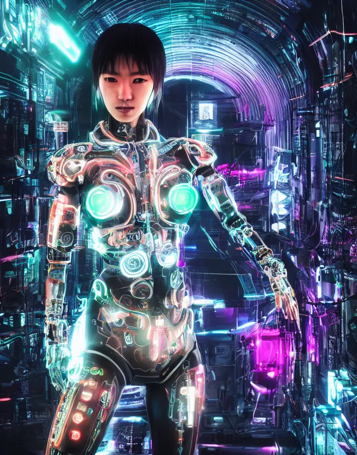 Image similar to full body portrait photo of japanese model cyborg with digital led skin, neon lighting, techno neon projector background, portrait photo, intricate details, ultra realistic, unreal engine 5, depth of field, bokeh, octane render, tron, irobot, bladerunner 8 k hd