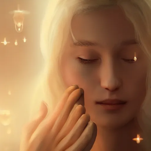 Prompt: Masterpiece portrait of an aesthetic beautiful realistic blond priestess, 30 years old woman, praying, cinematic light, digital painting by WLOP, atmospheric effects, fireflies, 4K, octane render, artstation, deviantart, close view