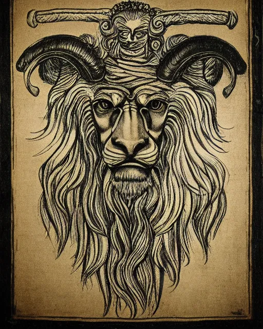 Prompt: human - eagle - lion - ox portrait. horns. beak. mane. drawn by da vinci