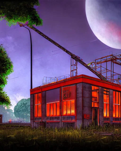 Prompt: a beautiful photorealistic illustration of urbex nature fire station building abandoned unfinished building by renzo piano, liberty city infrared cosmic at dusk neon signs at dawn otherworldly at fall azeroth meadow cgsociety vice city alien rainforest studio ghibli fantasy mercury lake retro, archdaily, wallpaper, highly detailed, trending on artstation.