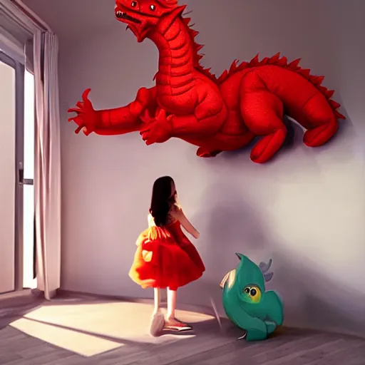 Prompt: young girl riding a giant red dragon stuffed toy in her room painting by beeple, 8k, ultra realistic, digital art