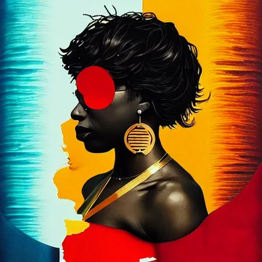 Image similar to portrait and side profile of a black woman :: side profile :: in ocean :: clockwork details :: gold :: blood and horror :: by vikings and Sandra Chevrier