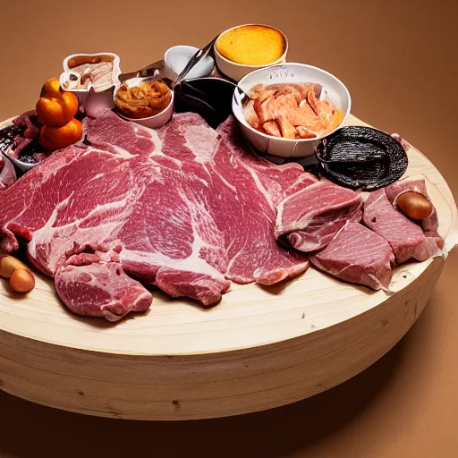 Prompt: a round bench completely covered in meat, studio photography, 5 0 mm
