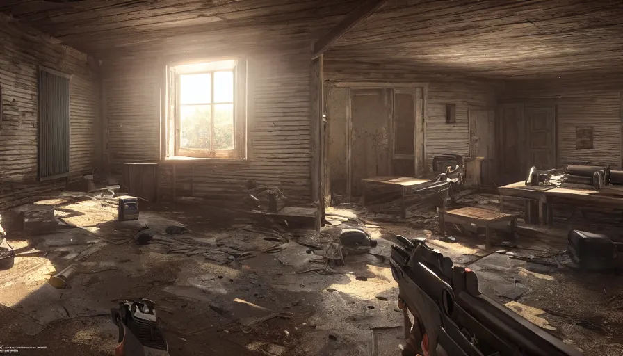 Image similar to fps shooter game, riflegun, abandoned dusty cabin, video game, hyperdetailed, artstation, cgsociety, 8 k