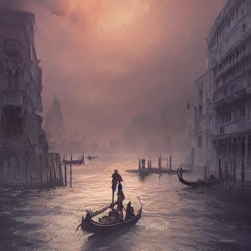 Image similar to venice in a post apocalyptic earth as seen by greg rutkowski, dark theme, enchanted, warm colors, high quality, waw, trending on artstation