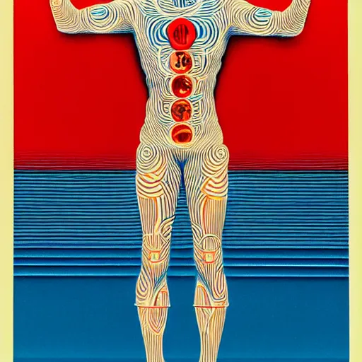 Image similar to ultraman as vitruvian man by james jean and shusei nagaoka, magritte painting, full body, no crop, golden ratio, retrofuturistic, hyper details